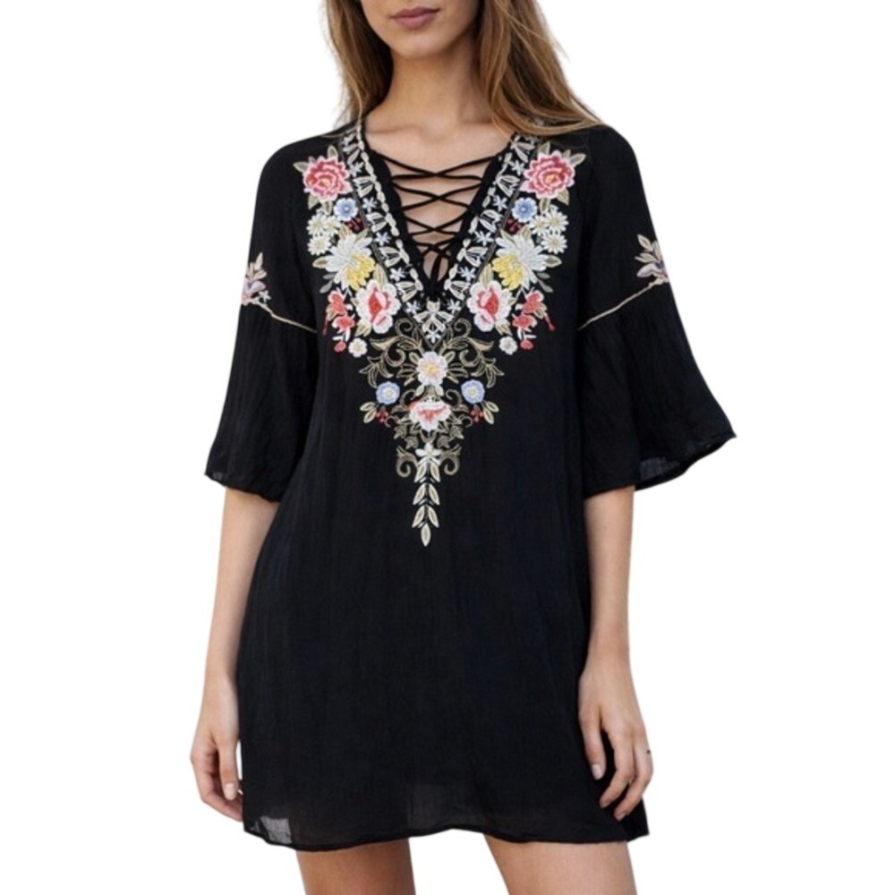 Johnny Was Gypsy Coachella Black Embroidered Lace Up Bell Sleeve Tunic Dress L
